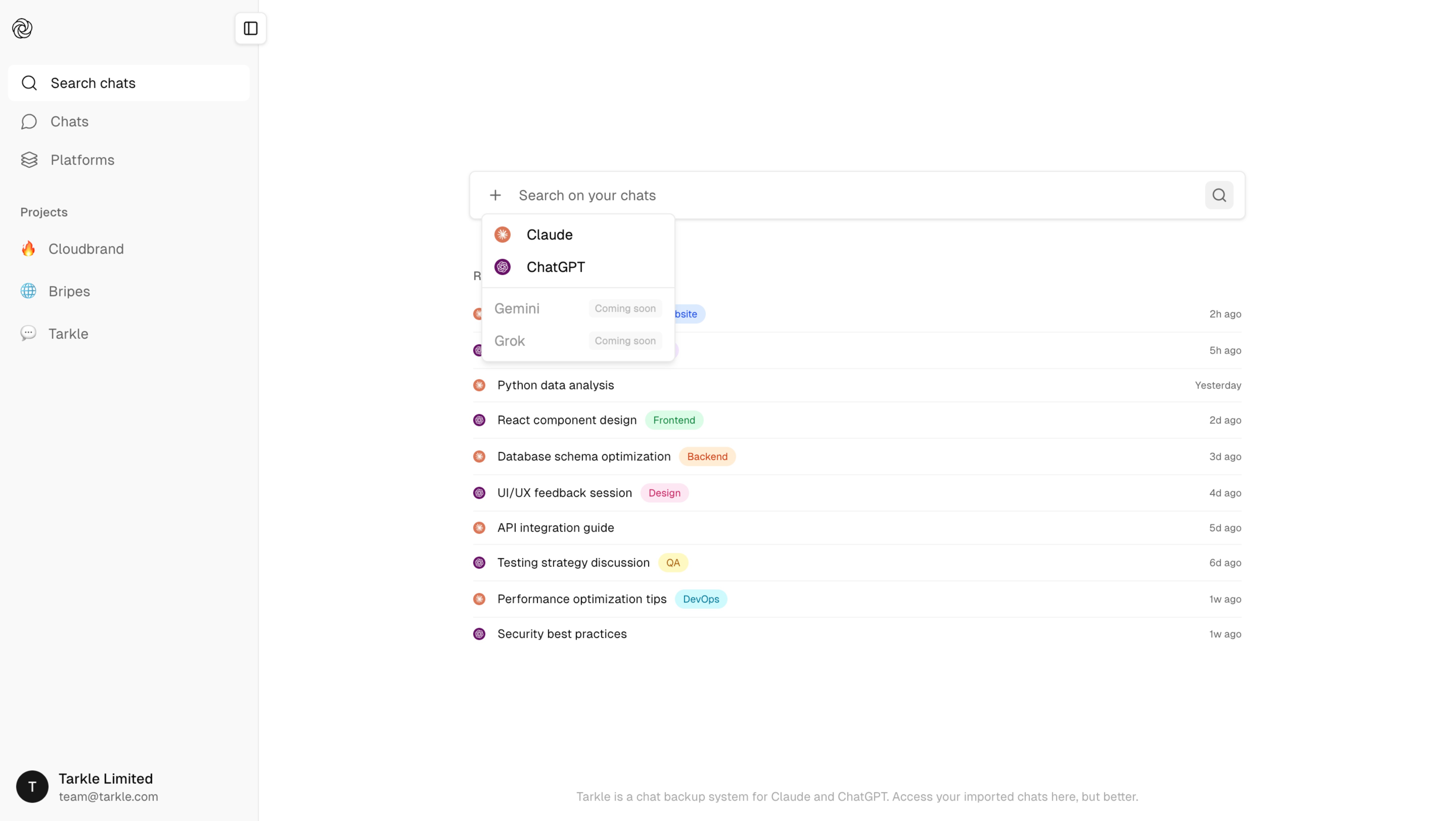 Tarkle Dashboard Preview showing chat management interface